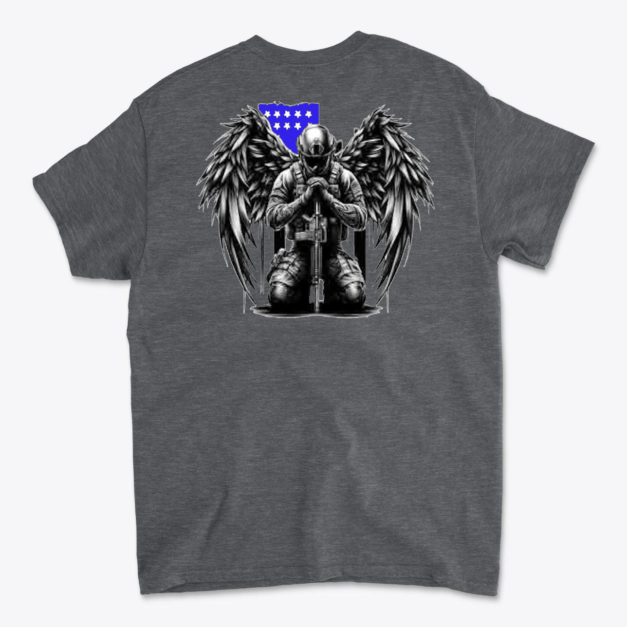 Veteran With Wings Back Art Tee featuring a soldier with wings praying on the back design.