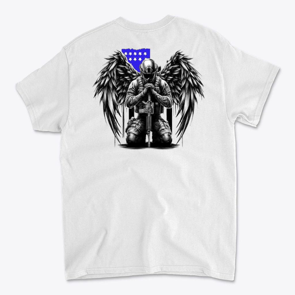 Veteran With Wings Back Art Tee featuring a design of a soldier with wings kneeling in front of a blue star background.