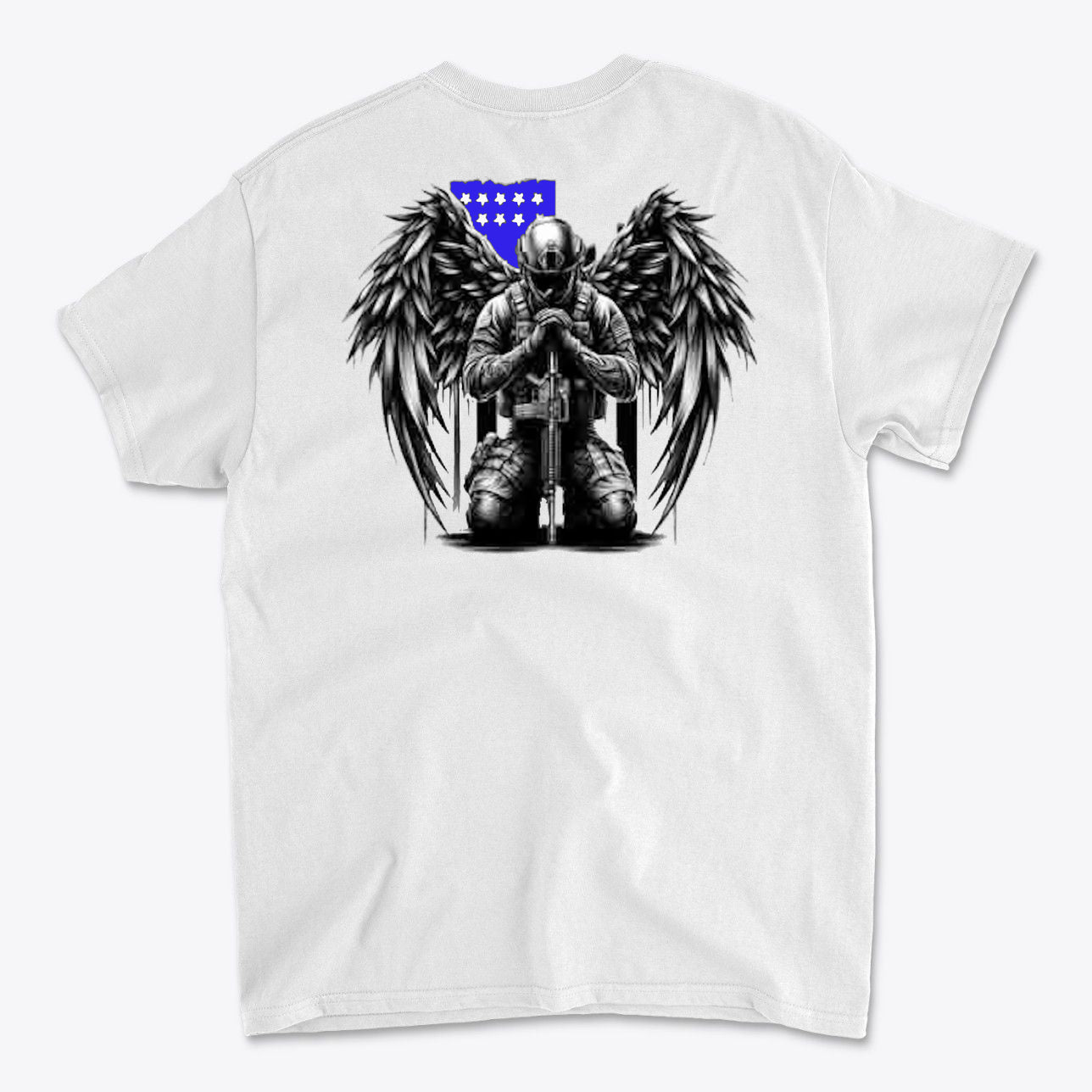 Veteran With Wings Back Art Tee featuring a design of a soldier with wings kneeling in front of a blue star background.