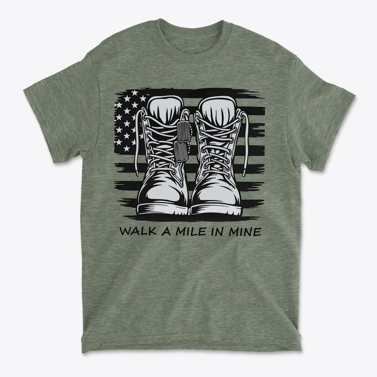 Walk A Mile In Mine Apparel Art with combat boots and American flag design on a green shirt.
