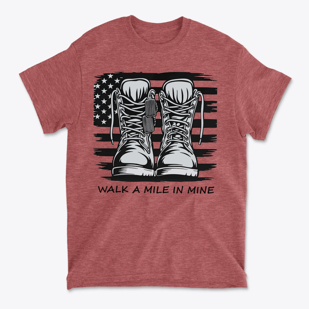 Walk A Mile In Mine Apparel Art featuring military boots and American flag design on a red t-shirt.