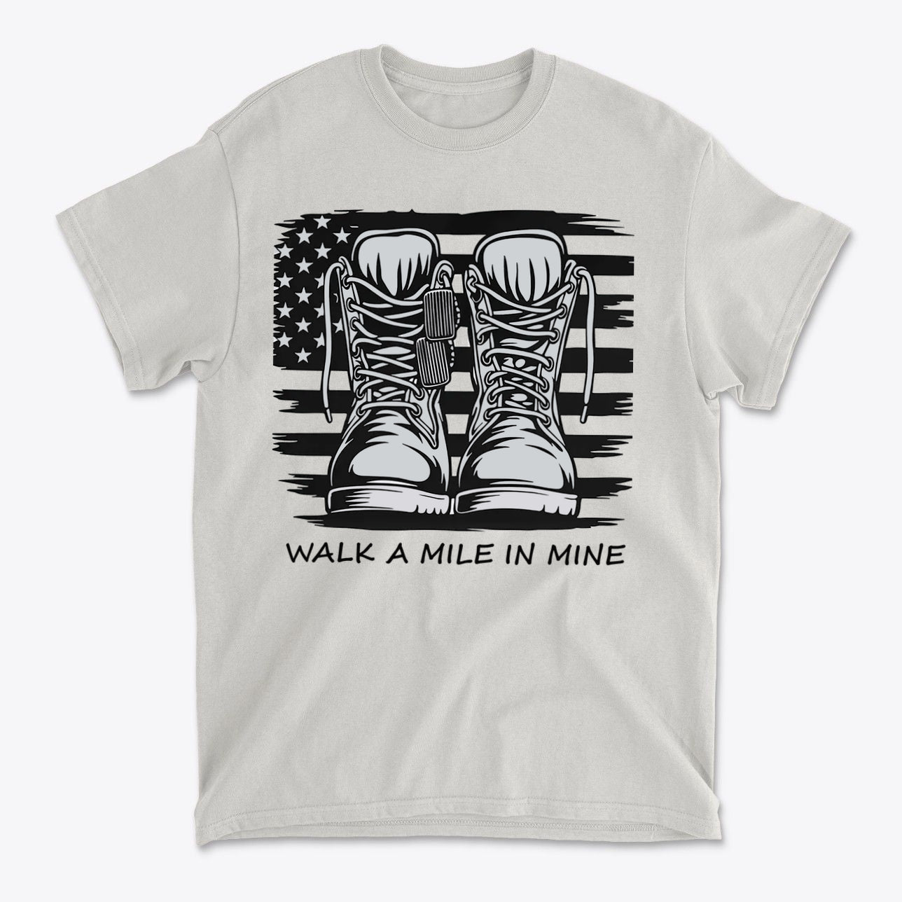 Walk A Mile In Mine Apparel Art t-shirt with boots design and American flag background