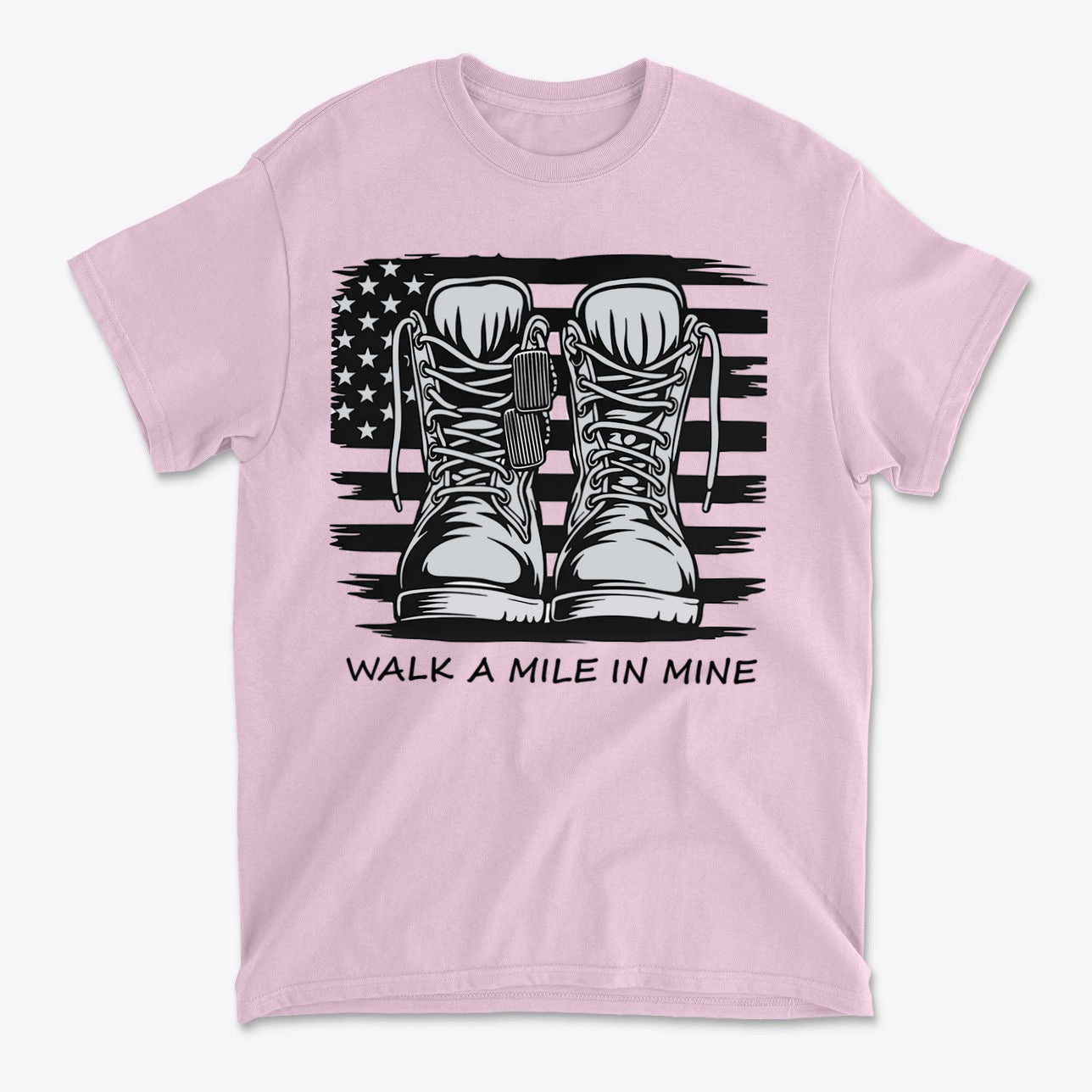 Walk A Mile In Mine Apparel Art featuring combat boots design on a pink t-shirt with an American flag background.