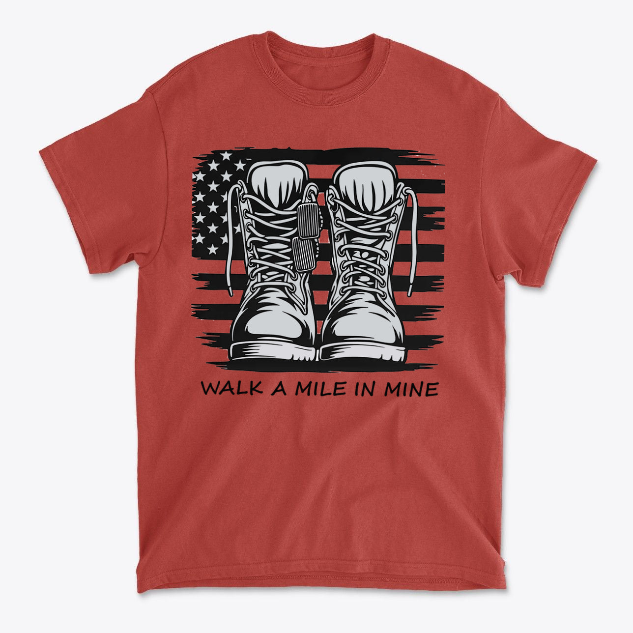 Walk A Mile In Mine Apparel Art t-shirt with military boots graphic and American flag background.