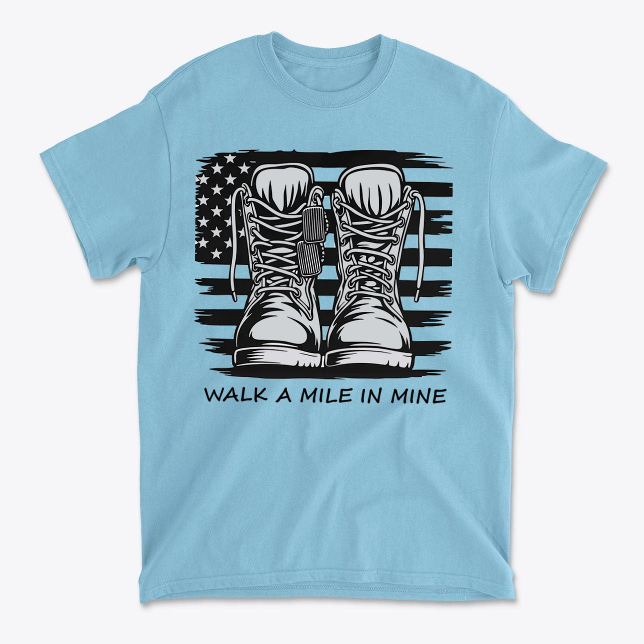 Walk A Mile In Mine Apparel Art t-shirt featuring military boots and an American flag design.