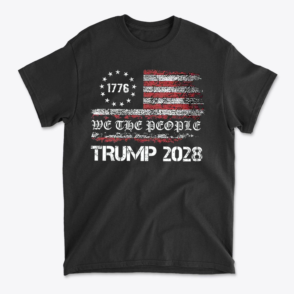 We The People Trump 2028 On Betsy Ross Flag black t-shirt featuring distressed American flag design.