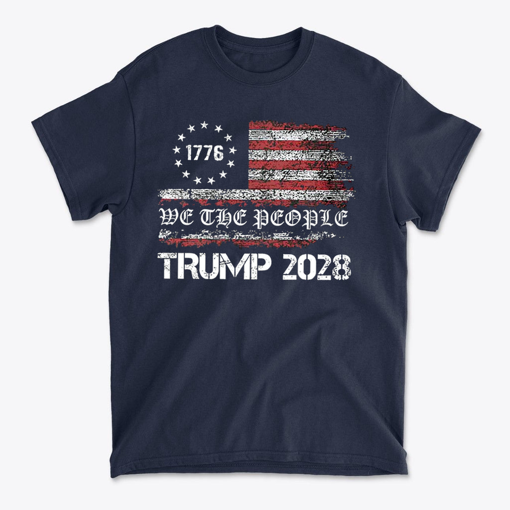We The People Trump 2028 On Betsy Ross Flag graphic t-shirt featuring distressed flag design.