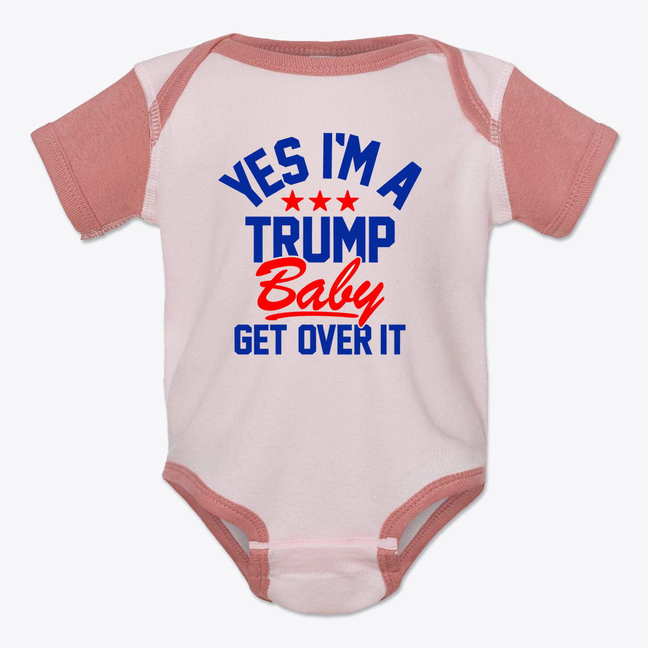 Yes I am A Trump Baby Onesie Art featuring bold text and patriotic colors, perfect for proud parents.
