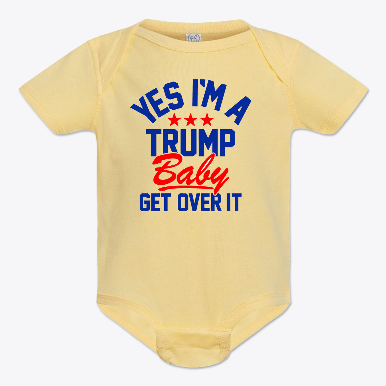 Yes I am A Trump Baby Onesie Art in yellow with bold red and blue text.