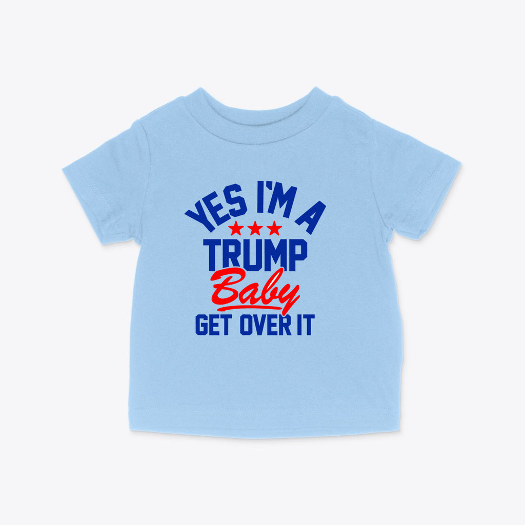 Trump Baby Get Over It Kids Tee in light blue shirt featuring bold text design.