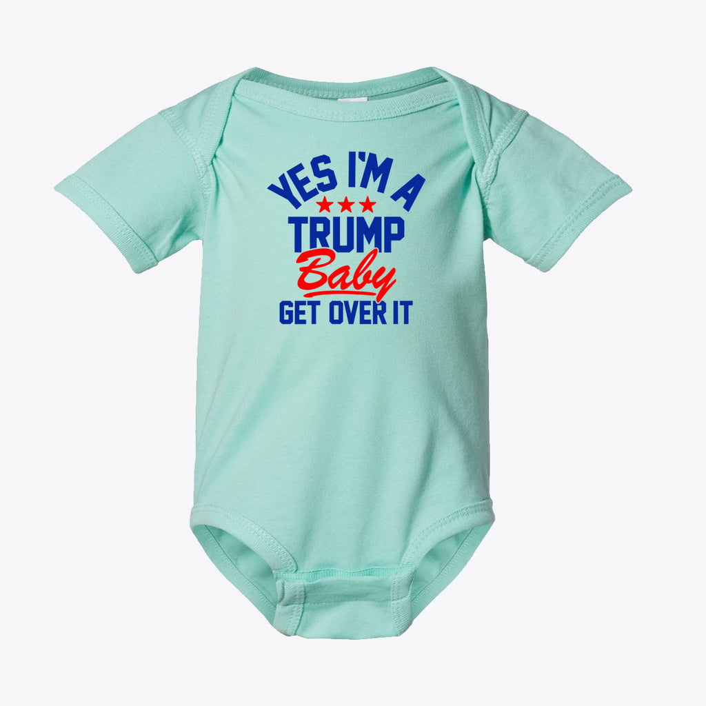 Yes I am A Trump Baby Bodysuit Art in mint green with playful text for patriotic infants.