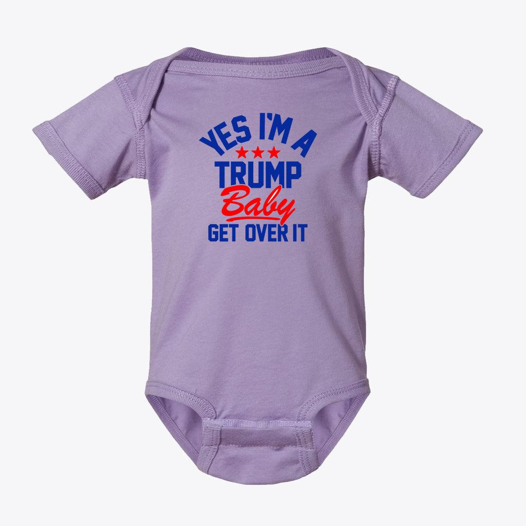 Yes I am A Trump Baby Bodysuit Art in lavender with playful text, perfect for patriotic infants.