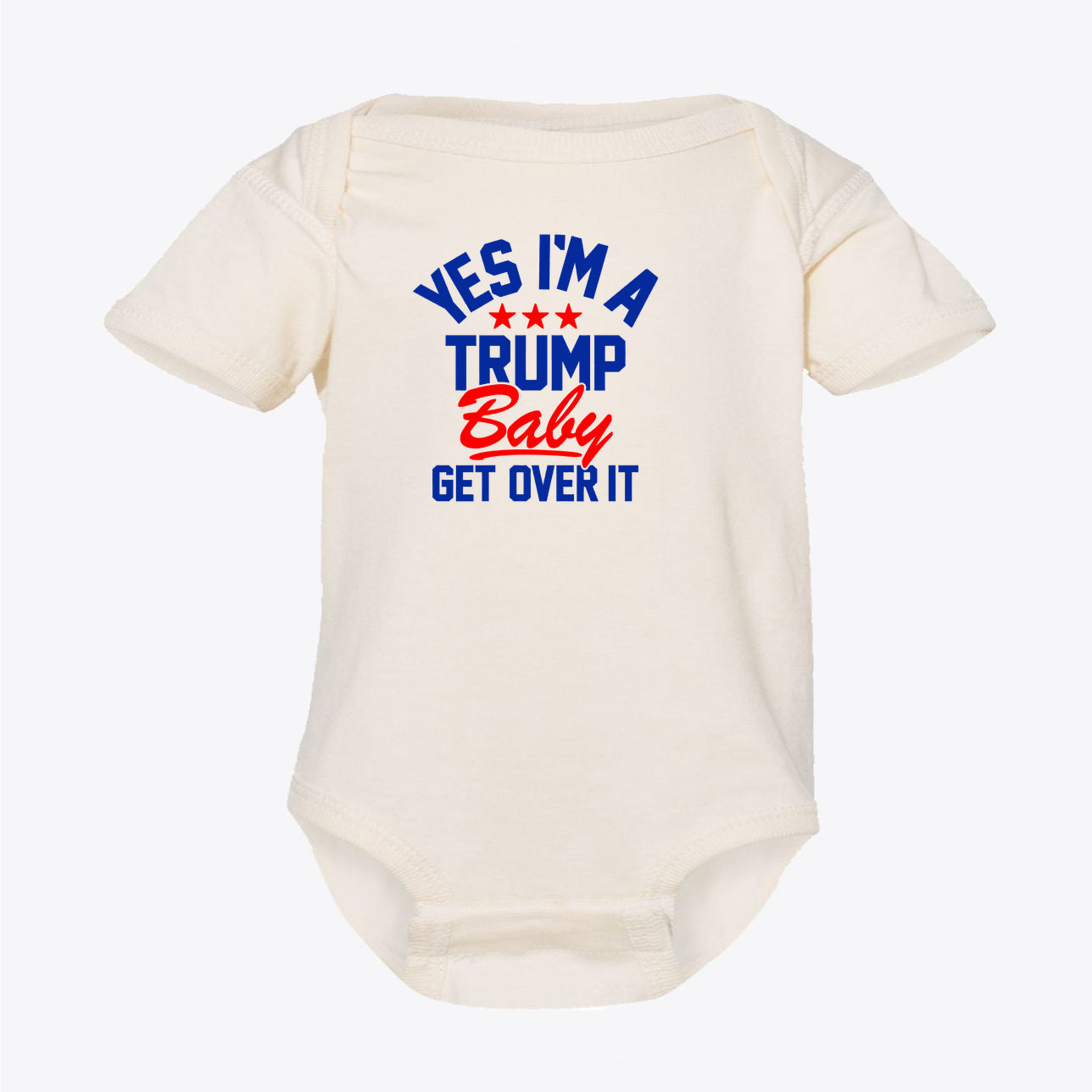 Yes I am A Trump Baby Bodysuit Art featuring bold text and stars, perfect for patriotic families.