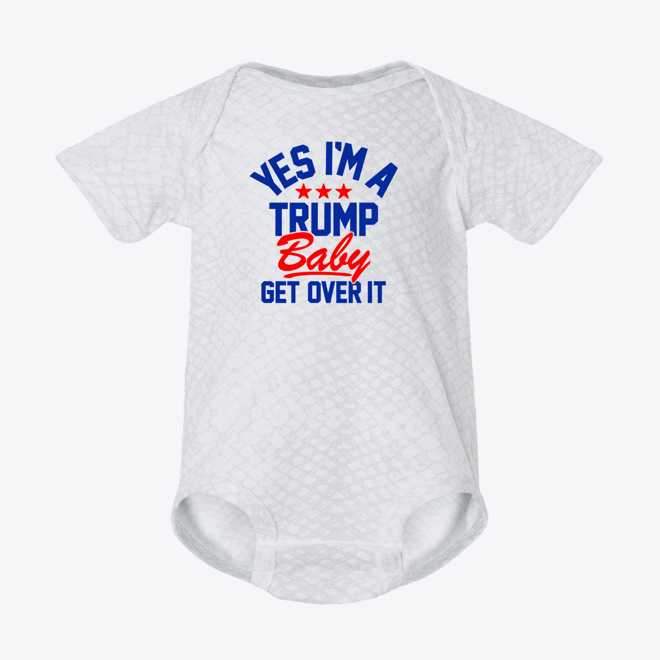 Yes I am A Trump Baby Bodysuit Art featuring playful text design in red and blue colors.