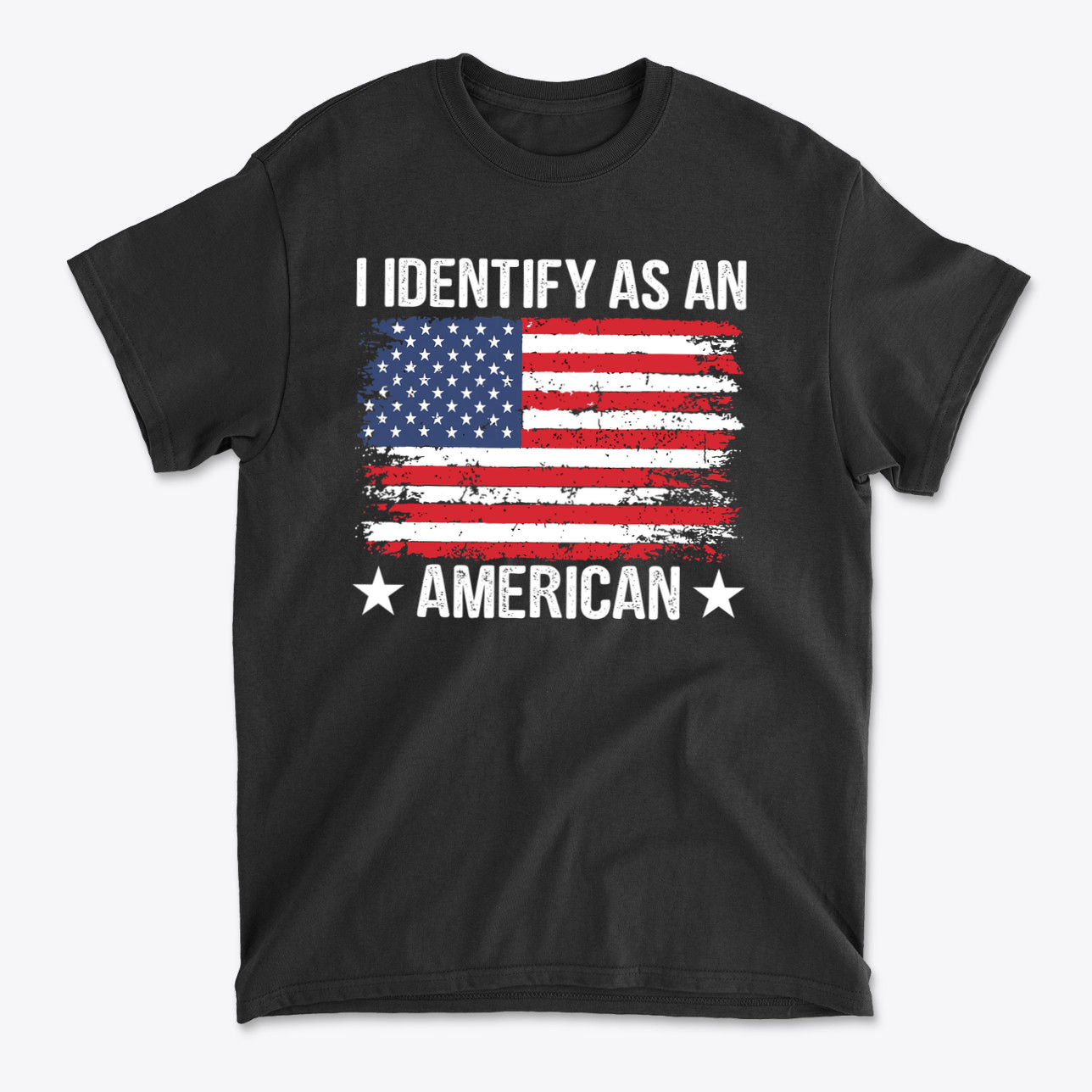 I Identify As An American Apparel black t-shirt featuring American flag design and patriotic text.