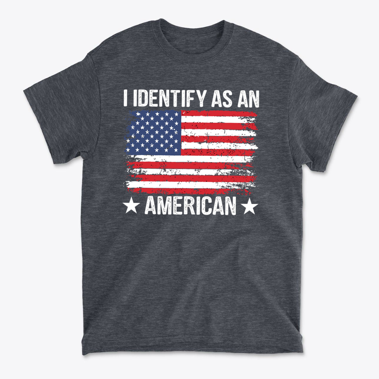 I Identify As An American Apparel t-shirt featuring an American flag design in red, white, and blue.