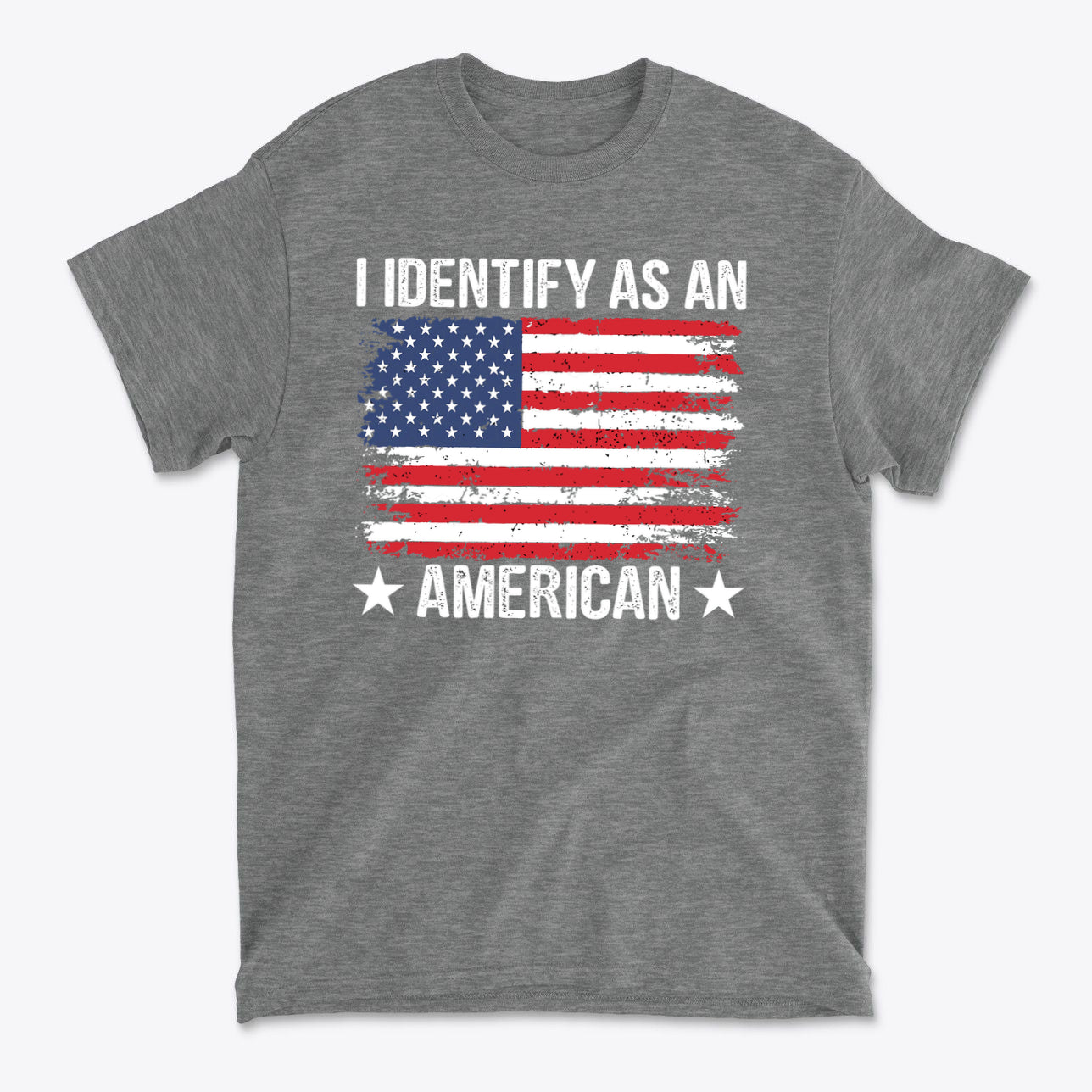 I Identify As An American Apparel t-shirt featuring American flag design on a gray background.