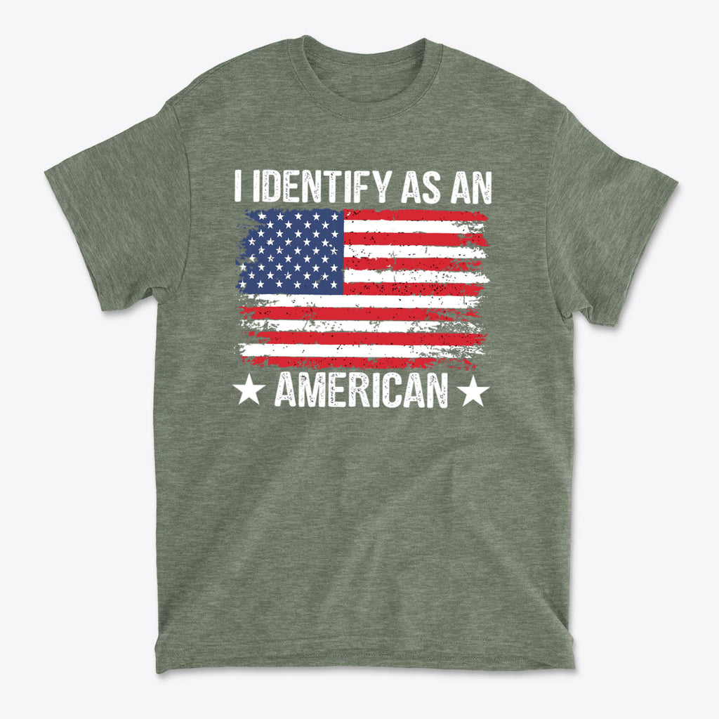 I Identify As An American Apparel shirt featuring distressed American flag design in green color.