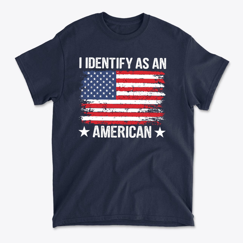 I Identify As An American Apparel navy t-shirt featuring a distressed American flag design.