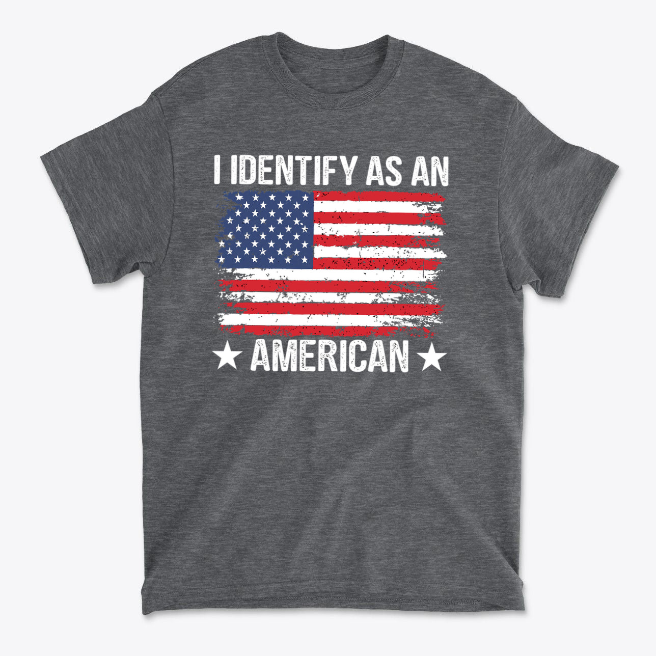I Identify As An American Apparel t-shirt featuring an American flag design on a gray background.