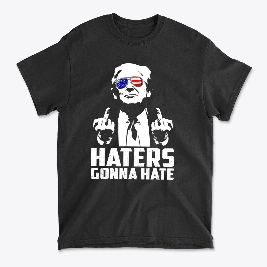 Haters Gonna Hate Graphic Design featuring a character with patriotic sunglasses and a bold message on a black t-shirt.