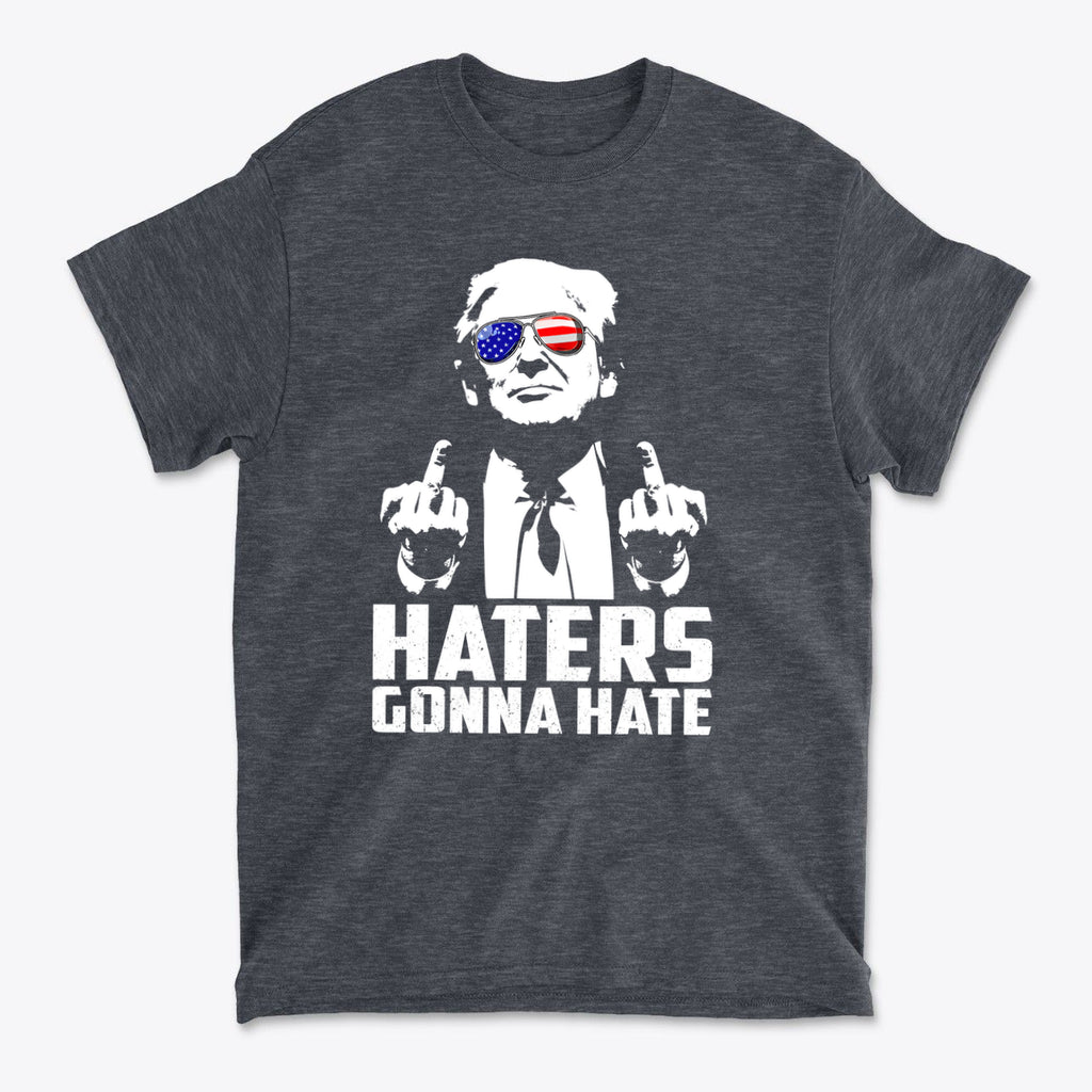 Haters Gonna Hate Graphic Design shirt featuring a character with sunglasses and a patriot theme.