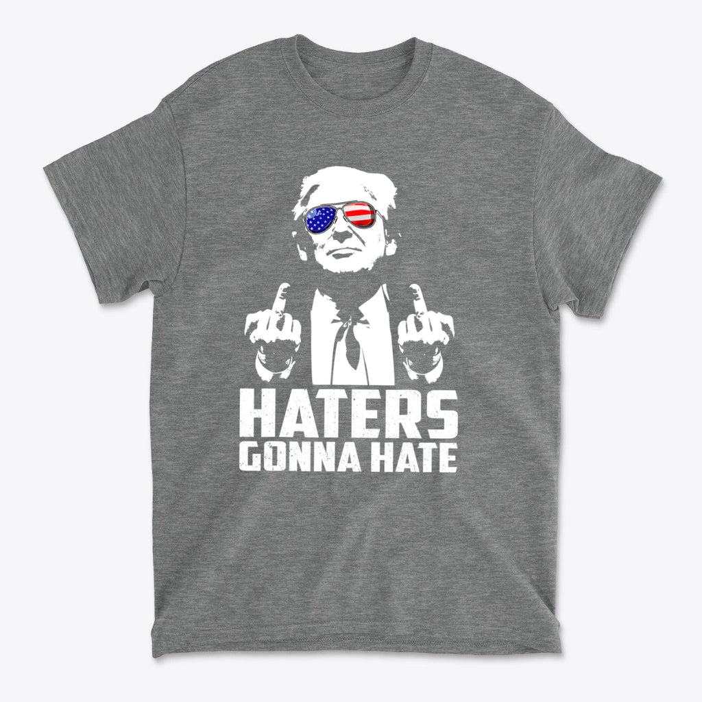 Haters Gonna Hate Graphic Design t-shirt featuring a character with American flag sunglasses.