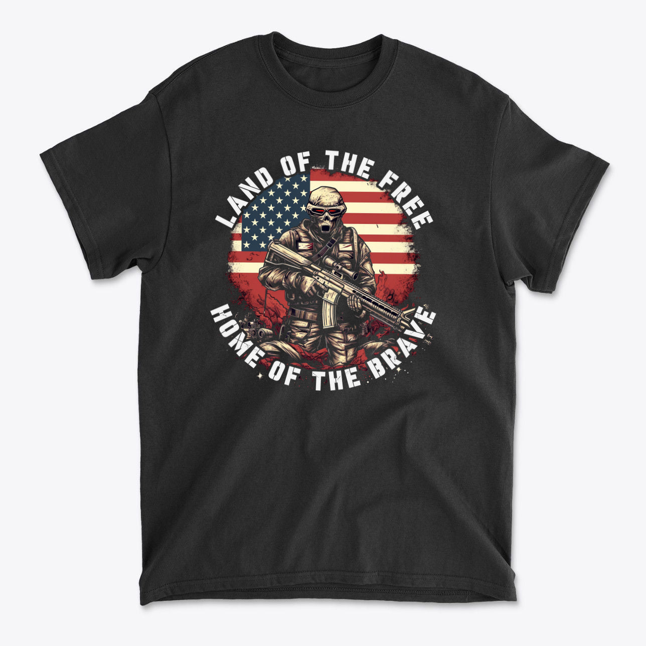 Black t-shirt with graphic design featuring the text 'LAND OF THE FREE HOME OF THE BRAVE' and a soldier with an American flag background.