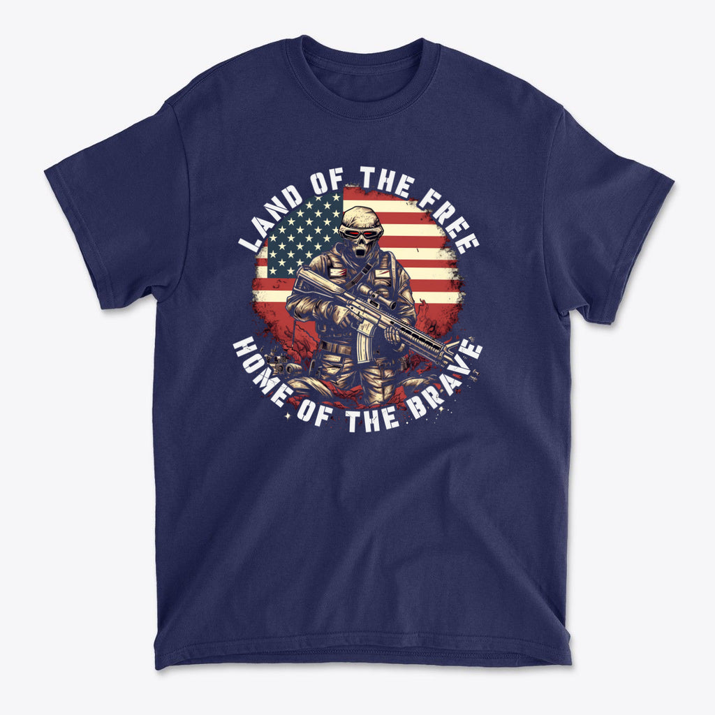 Land Of The Free Home Of The Brave t-shirt featuring a soldier in front of an American flag.