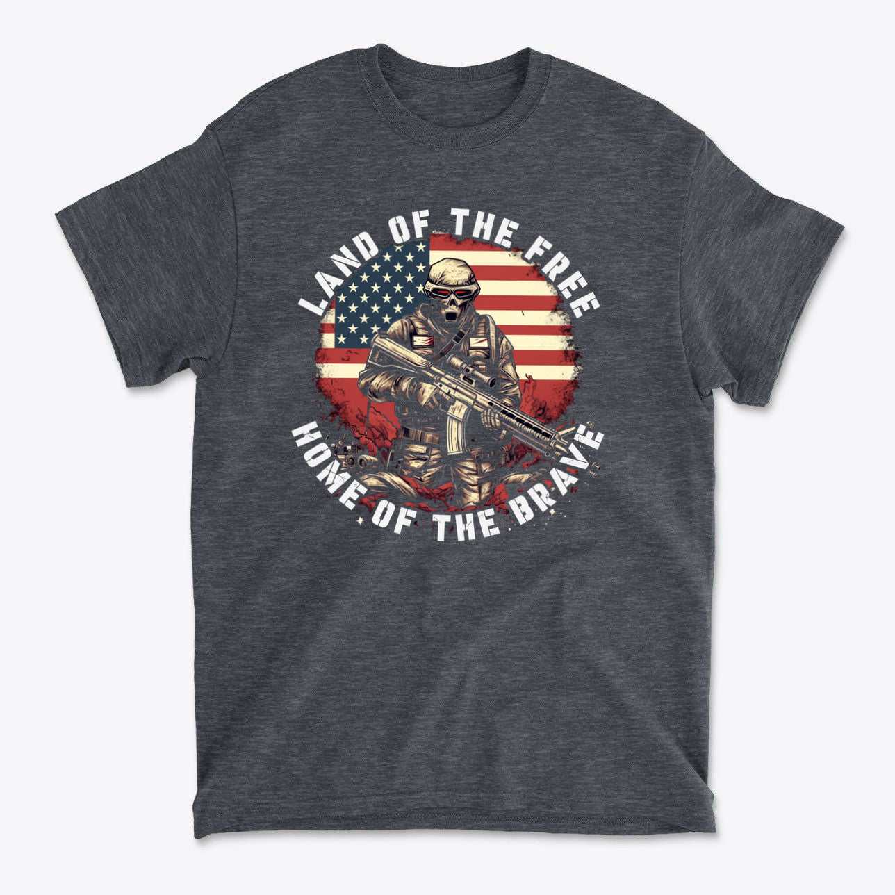 Land Of The Free Home Of The Brave graphic t-shirt featuring a soldier against an American flag backdrop.