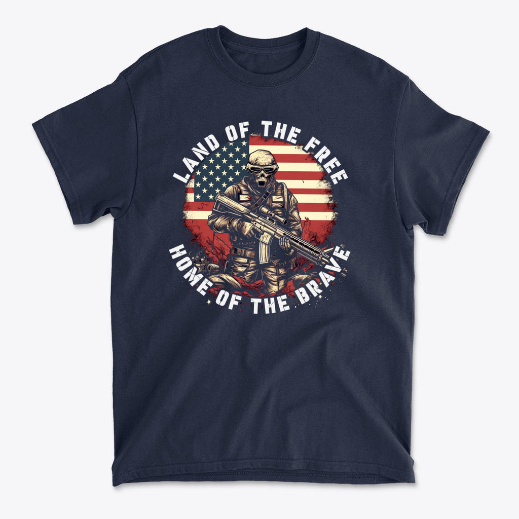 Land Of The Free Home Of The Brave graphic t-shirt featuring a soldier and American flag design.