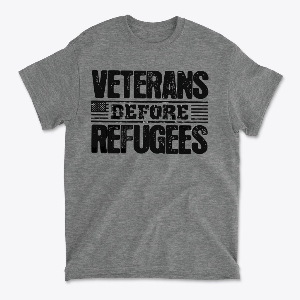 Veterans Before Refugees Apparel gray t-shirt featuring bold text design.