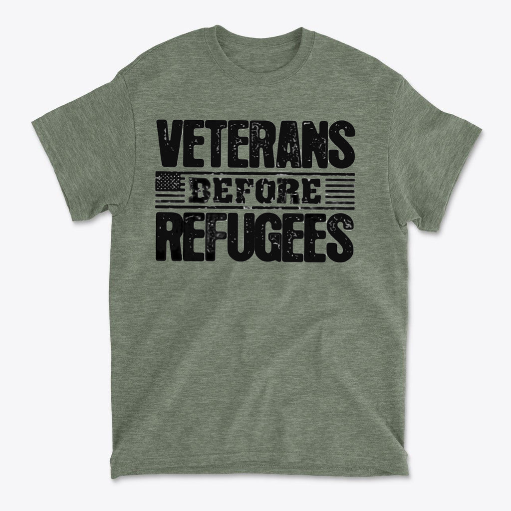 Veterans Before Refugees Apparel graphic t-shirt featuring bold text design in black on an olive green background.