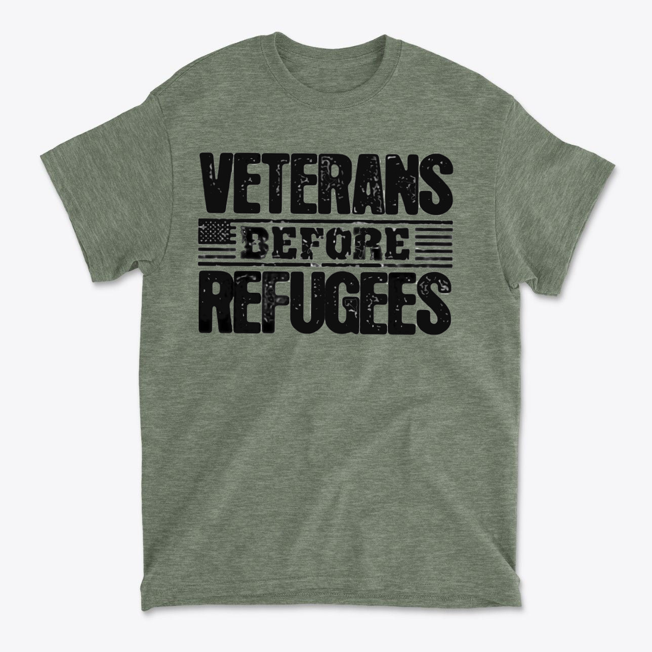 Veterans Before Refugees Apparel graphic t-shirt featuring bold text design in black on an olive green background.