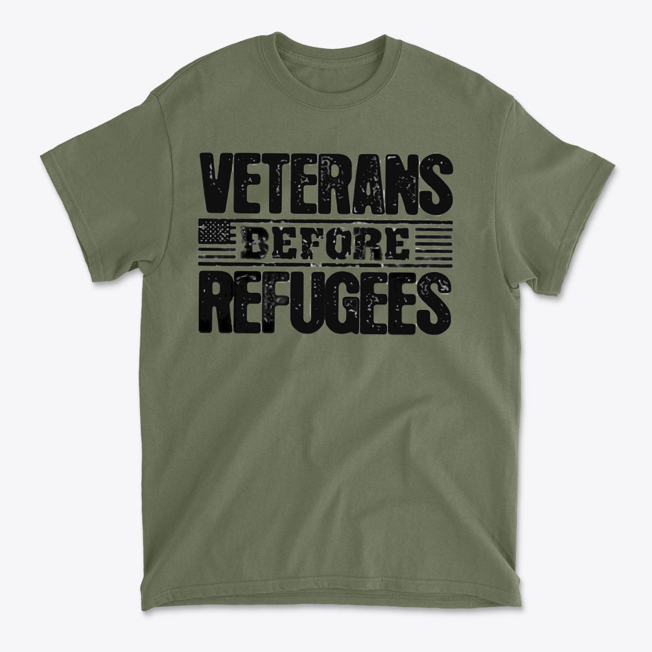 Veterans Before Refugees Apparel t-shirt in olive green featuring bold text design.