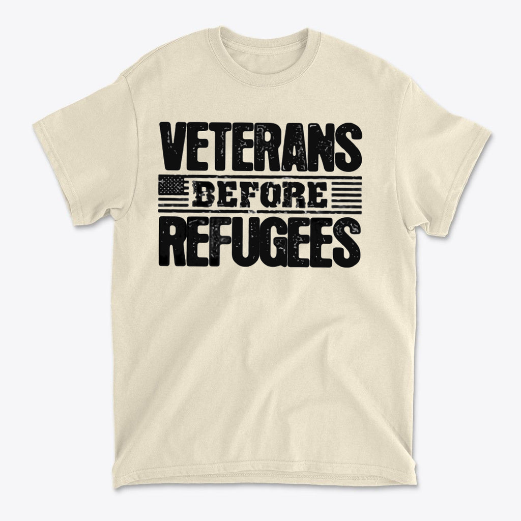 Veterans Before Refugees Apparel featuring bold text on a neutral-colored t-shirt design.