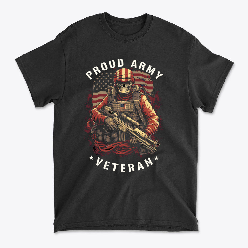 Proud Army Veteran Graphic Tee featuring a skull soldier design with an American flag background.