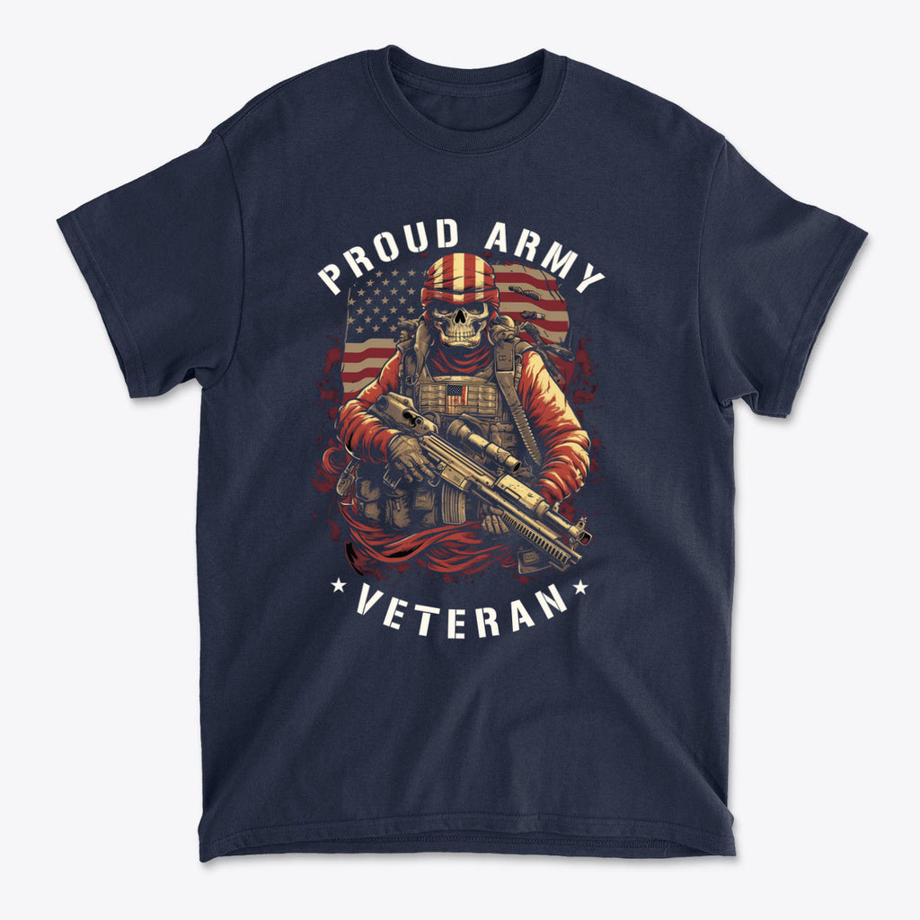 Proud Army Veteran Graphic Tee featuring a soldier with an American flag background.