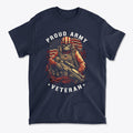 Proud Army Veteran Graphic Tee featuring a soldier with an American flag background.