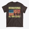 Honoring All Who Served On American Flag t-shirt featuring American flag design and silhouettes of soldiers.