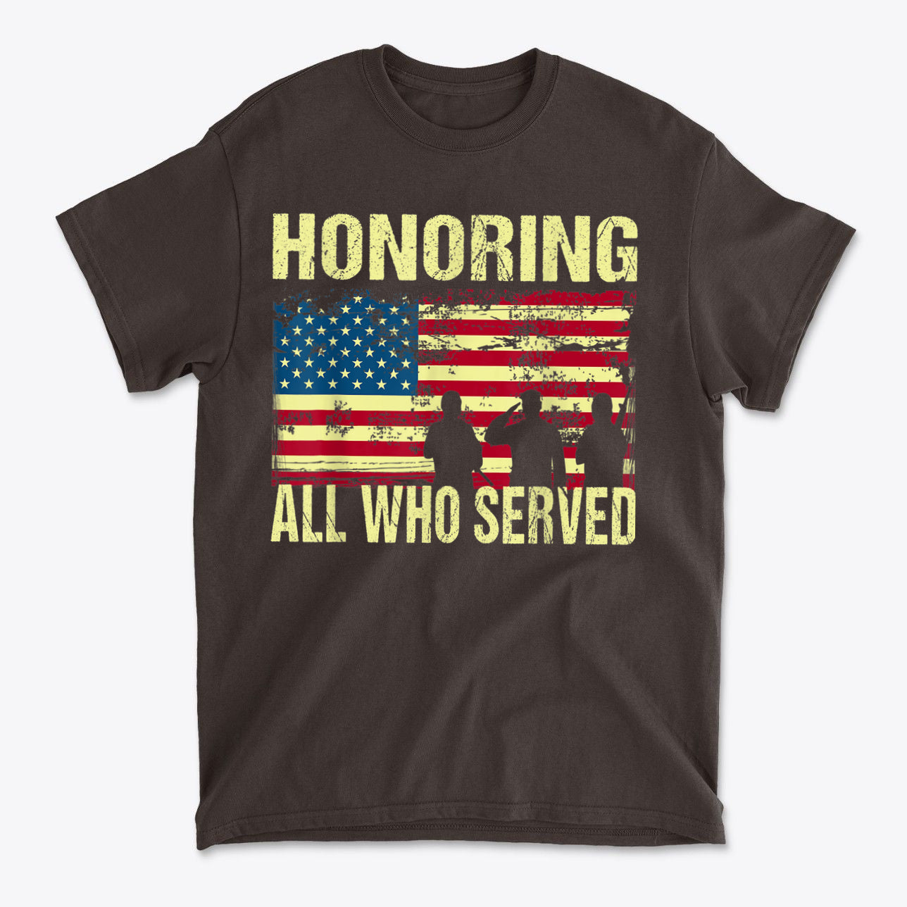 Honoring All Who Served On American Flag t-shirt featuring American flag design and silhouettes of soldiers.