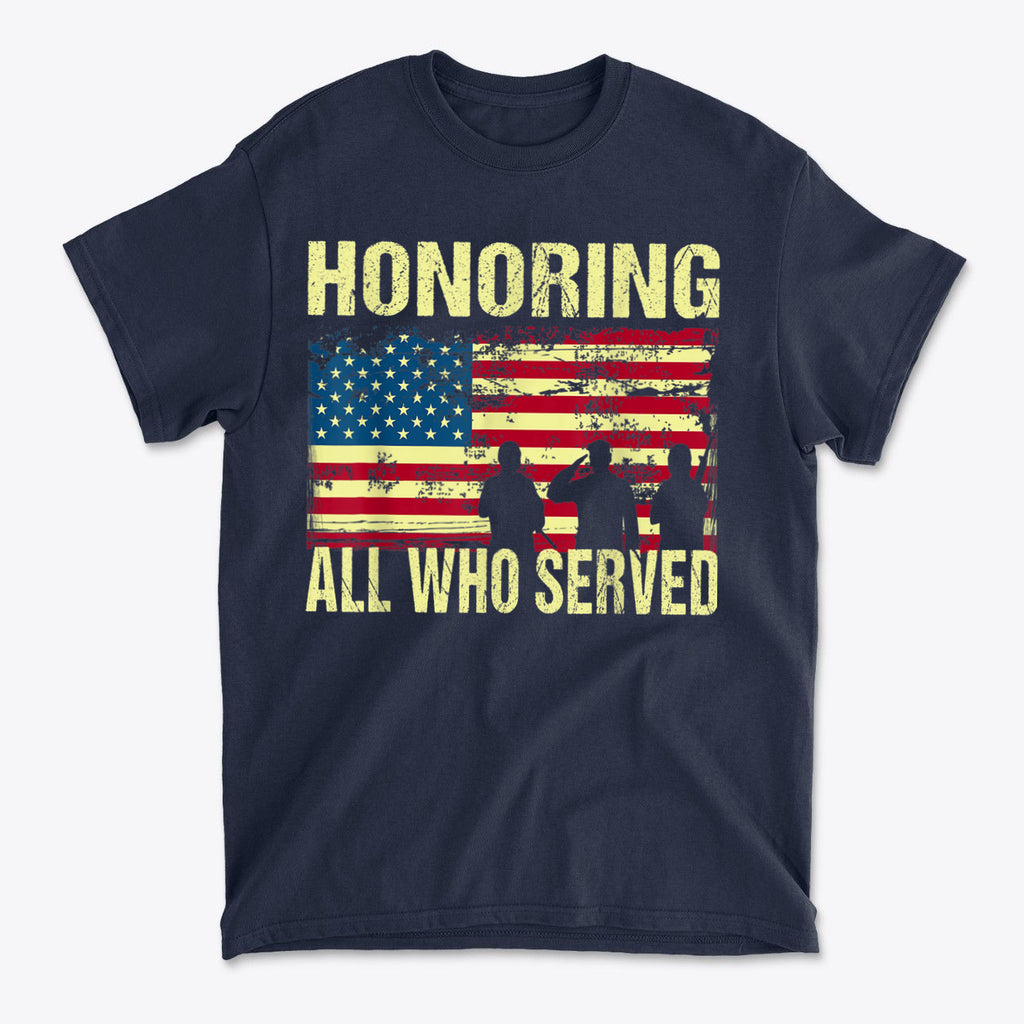 Honoring All Who Served On American Flag t-shirt featuring silhouettes and American flag design.