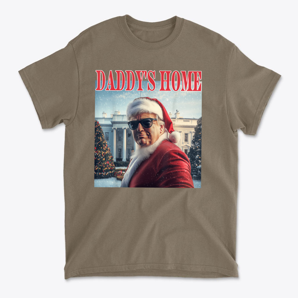 Daddy is Home Trump As Santa Tee featuring a Santa in sunglasses at the White House, perfect for conservative values.