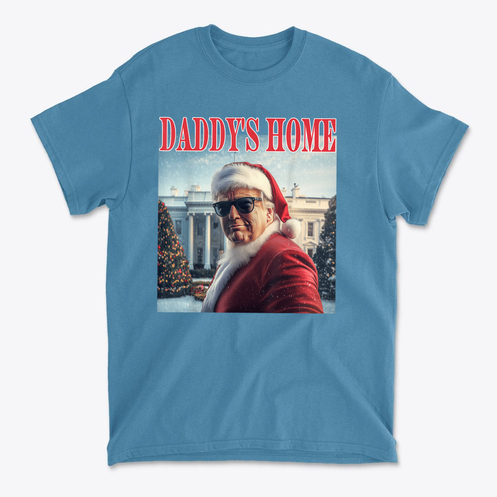 Daddy is Home Trump As Santa Tee featuring a graphic of a man in a Santa suit in front of the White House.