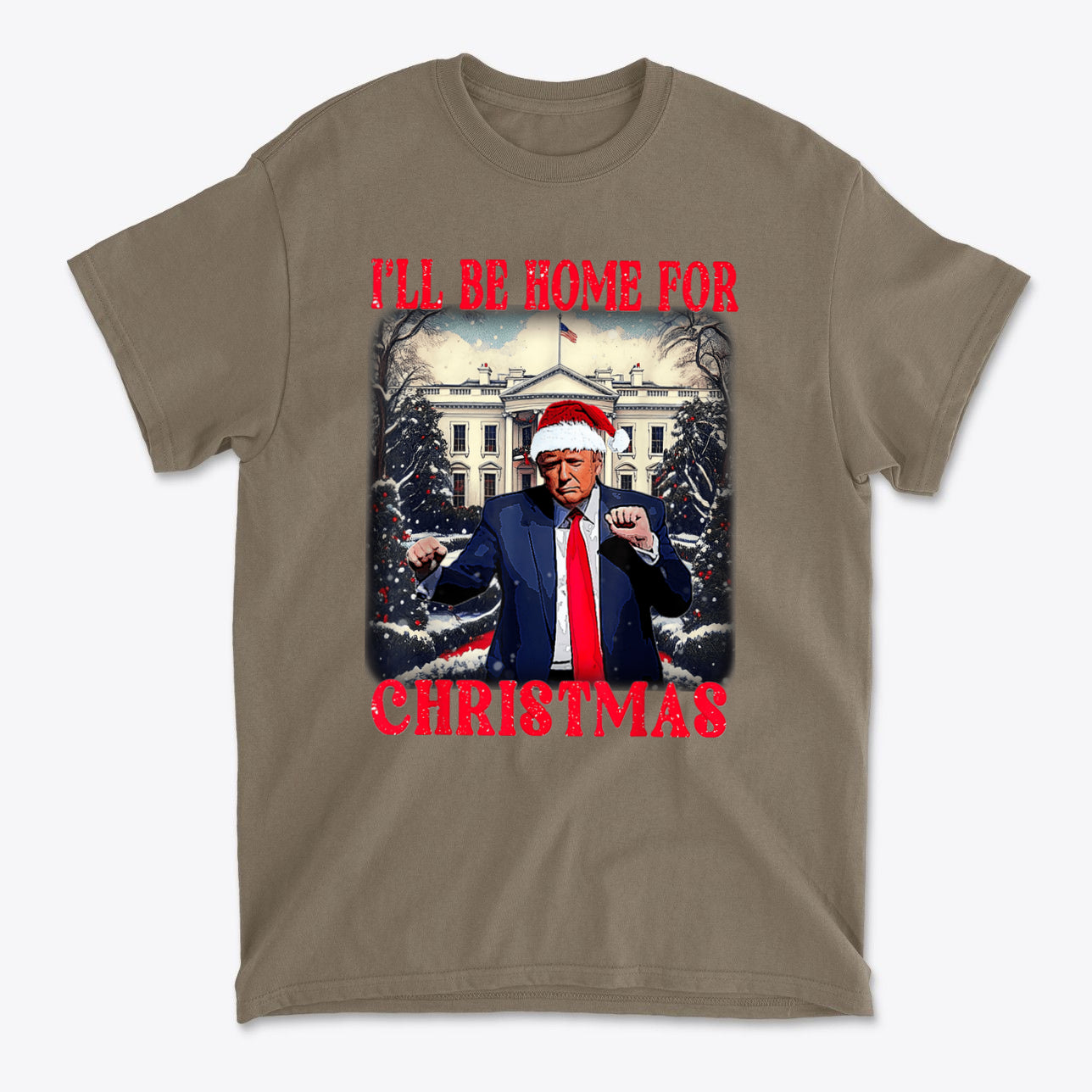 Trump Dancing I'll Be Home For Christmas graphic t-shirt featuring a festive design with Santa hat.