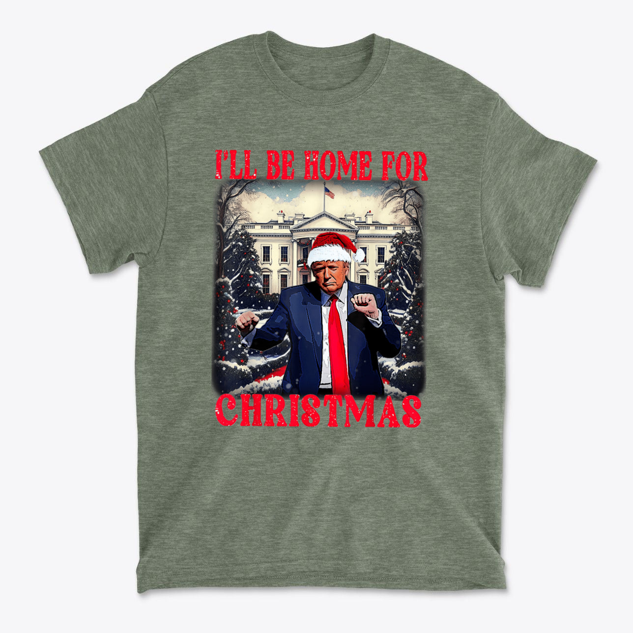 Trump Dancing Be Home For Christmas Graphic Tee featuring Trump in a Santa hat, festive design.