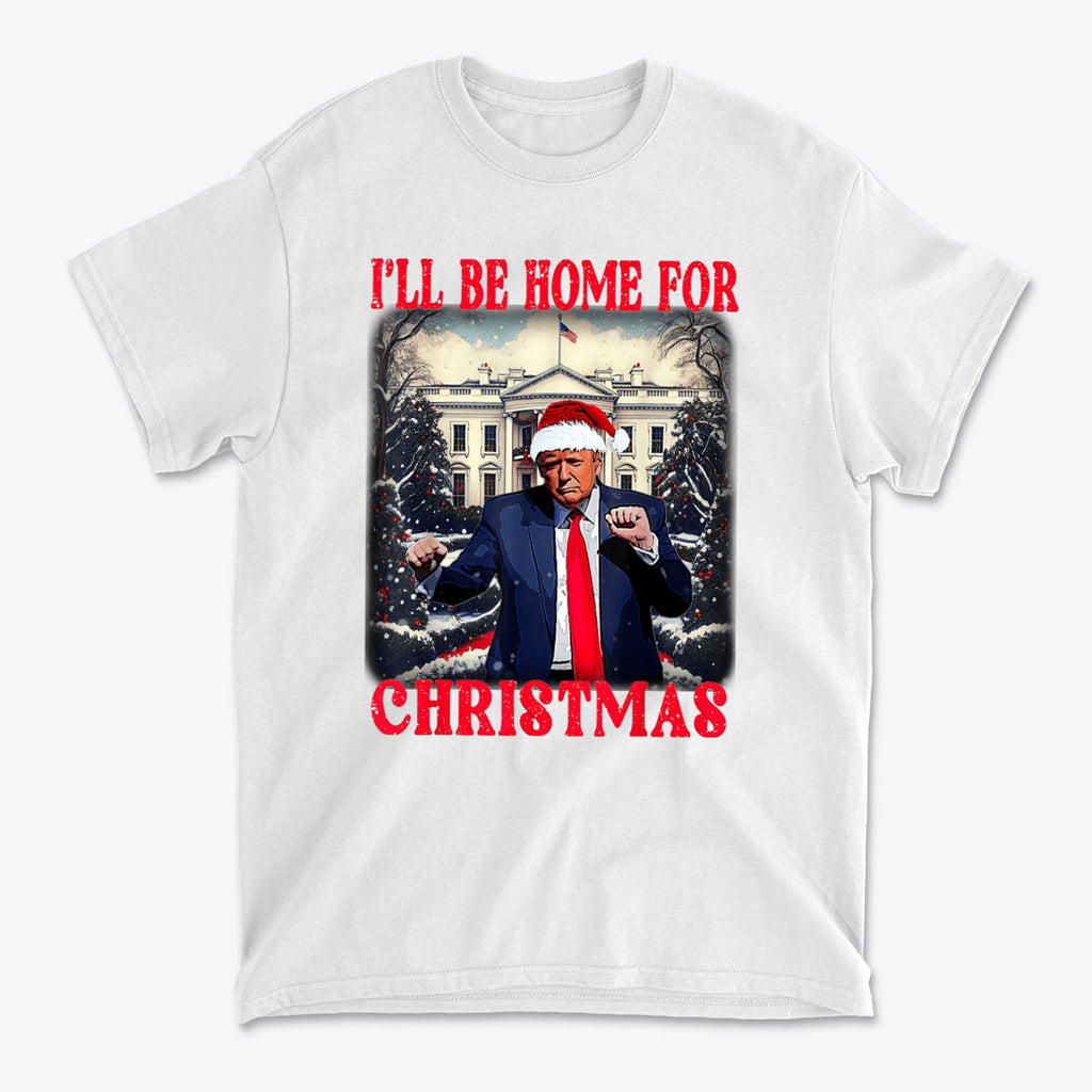 Trump Dancing I'll Be Home For Christmas graphic t-shirt featuring Trump in a Santa hat.
