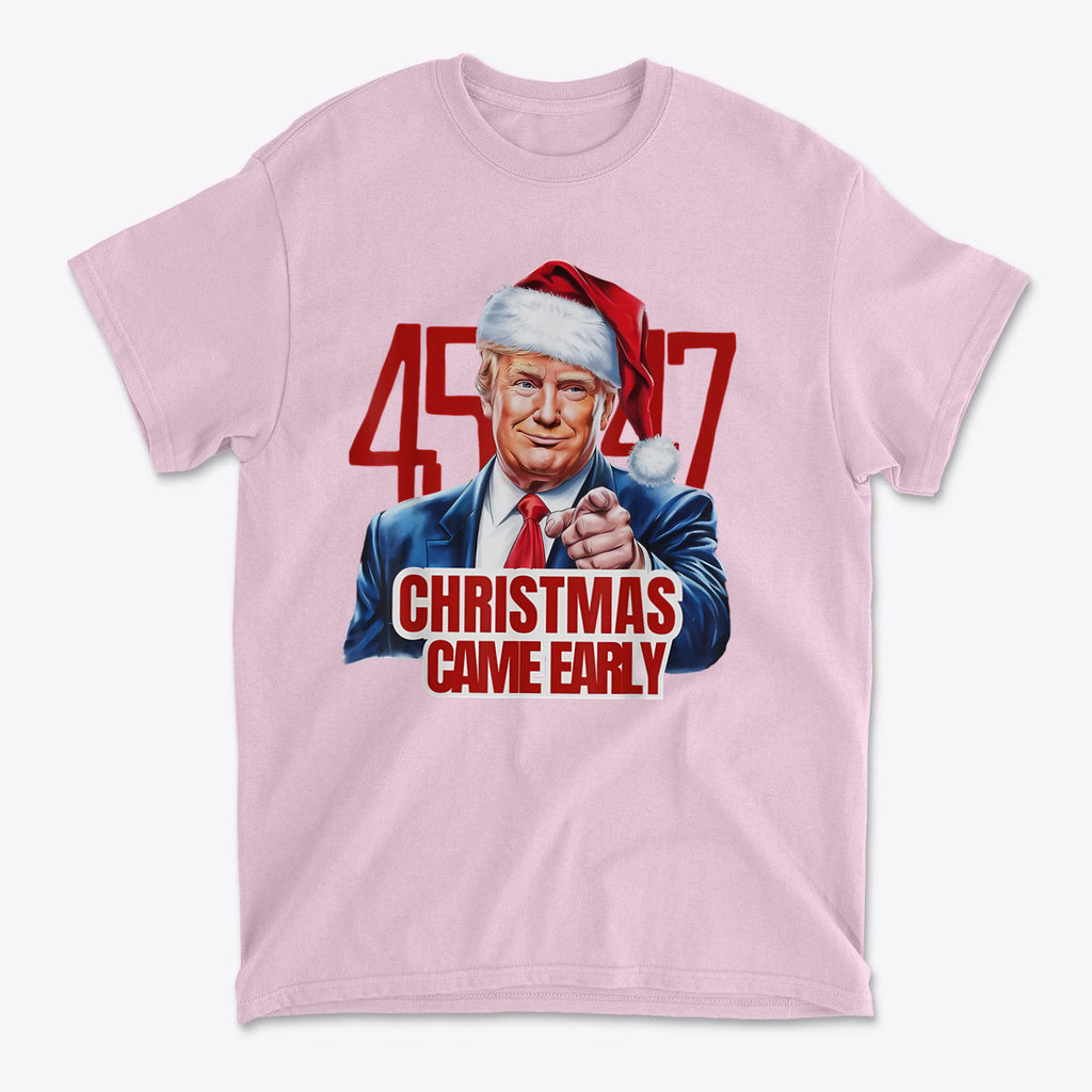 Christmas Came Early 45 47 Gear featuring a graphic of a man in a Santa hat on a pink t-shirt.