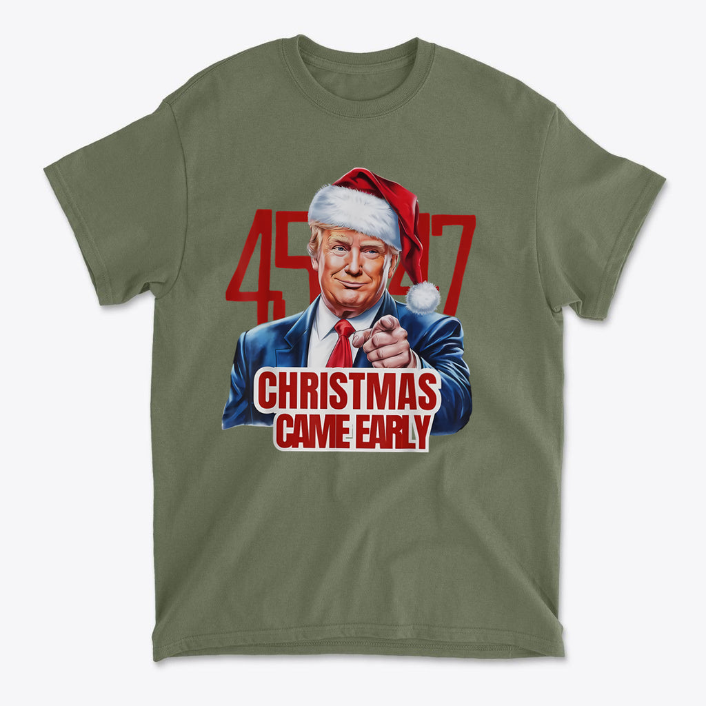 Christmas Came Early 45 47 Gear – Premium Conservative Graphic T-Shirt featuring a festive design with patriotic themes.