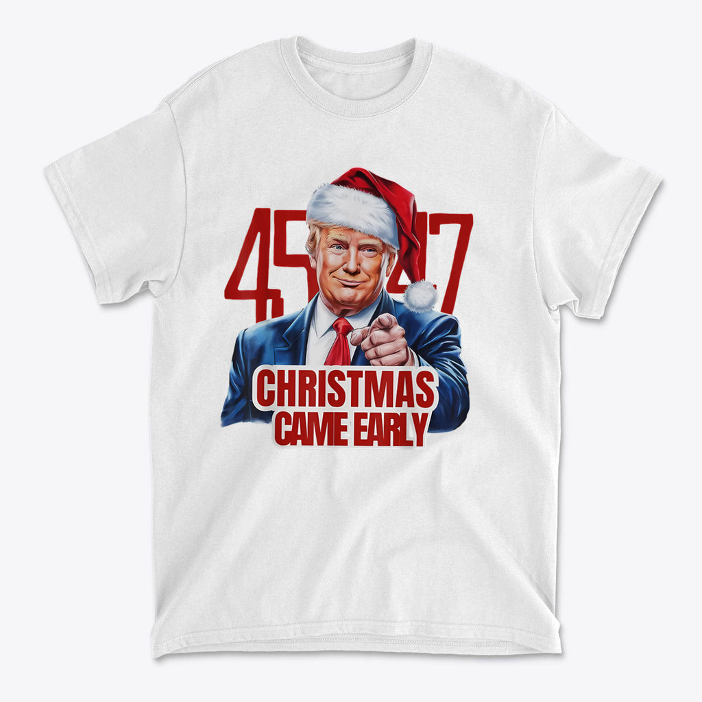 Christmas Came Early 45 47 Gear featuring a graphic t-shirt with a smiling figure wearing a Santa hat.